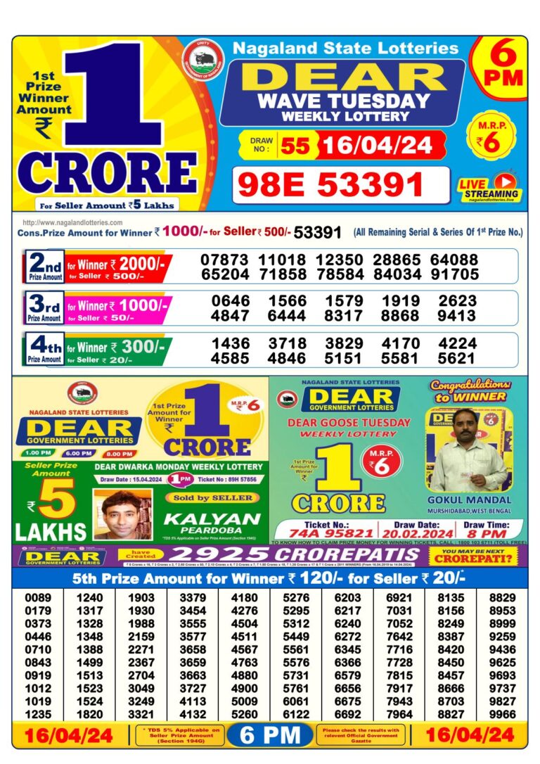 Nagaland State Lottery Result of Dear Day 6:00 PM
